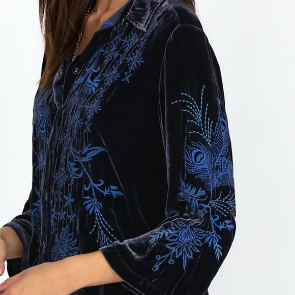 Johnny Was heavily embroidered Azure Velvet Kimono Sleeve Shirt/Jacket NWT - Picture 9 of 12